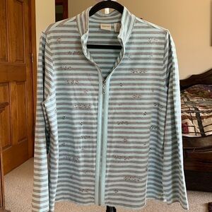 Chico’s Zenergy light blue and gray striped zip up jacket w/ rhinestone accents